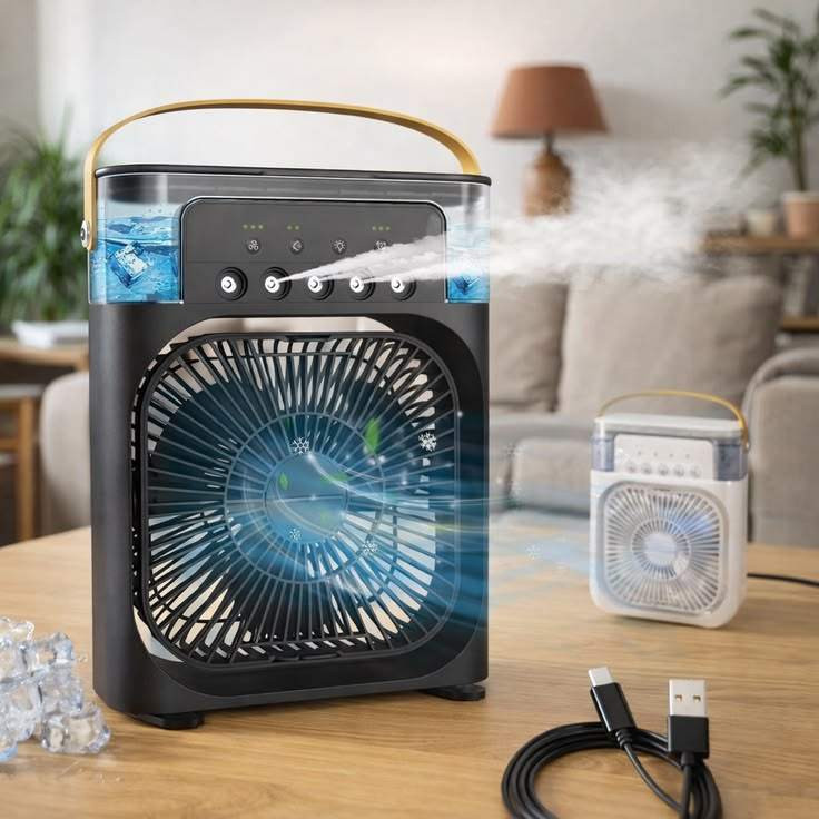 Portable USB Air Cooler Fan with 3 speeds and LED night light on desktop
