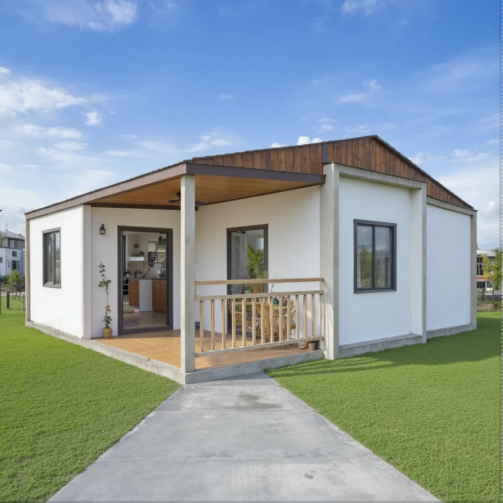 Kobis Haven Pre-Foldable 20ft & 40ft Prefabricated Mobile Expandable Collapsible Container House | Modern Prefab Villa with Timber Deck, Porch & Pergola