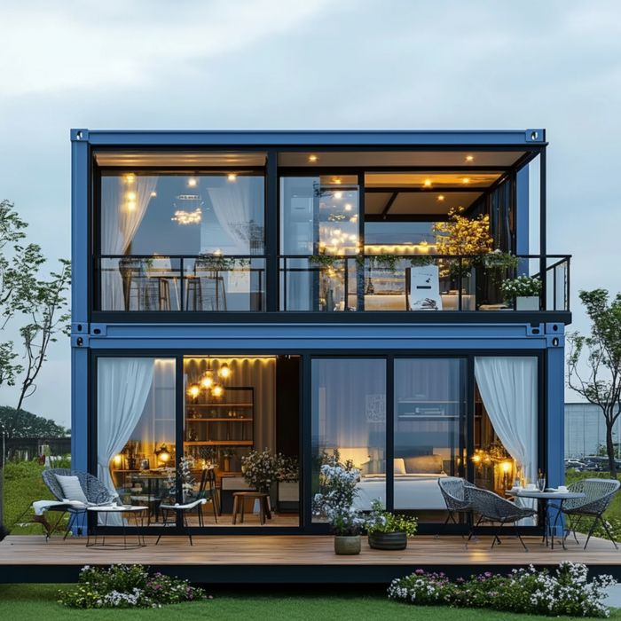 A modern two-story shipping container home with a blue metal frame and large black-framed glass windows, shown outdoors on a landscaped lawn with patio furniture and warm interior lighting visible through the floors. A 'Remote Group' logo appears in the upper left.