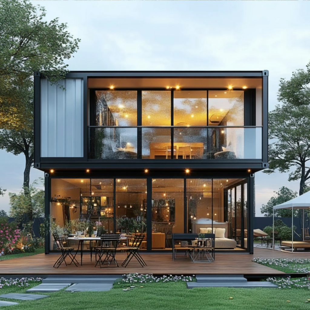 A modern two-story prefab container home with large glass windows, black metal framing, and warm interior lighting, shown on a landscaped outdoor deck with patio furniture. Trees and lawn surround the structure, and a blue Remote Group logo appears in the top-left corner.