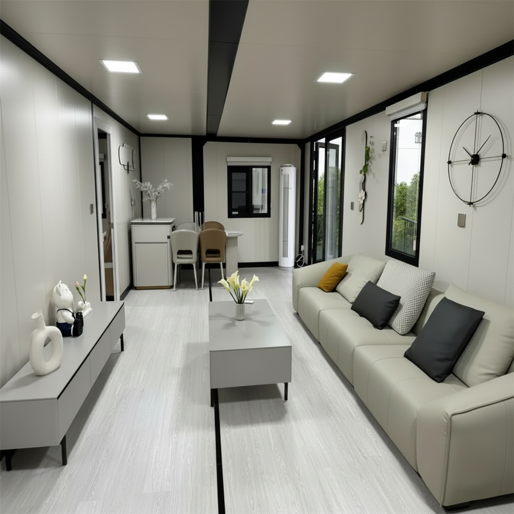 A modern living room interior with a light beige sofa, gray coffee table, long gray sideboard, light wood flooring, and black trim on the walls and ceiling.