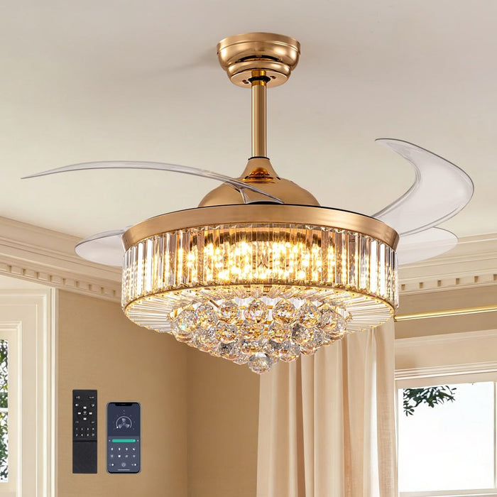 Modern Crystal Ceiling Fan with Retractable Blades – APP & Remote Control LED Lightn