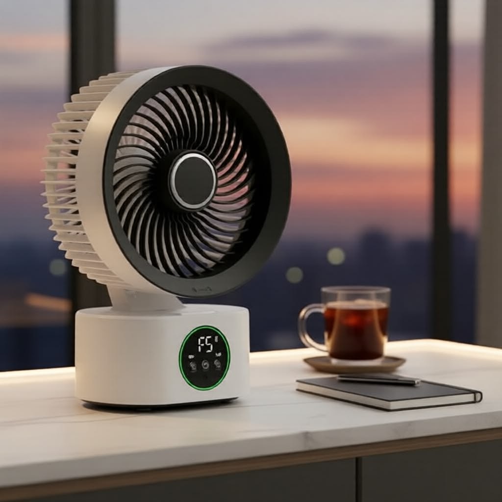 Rechargeable portable camping fan with 3-in-1 desktop, standing, and ceiling use plus LED light