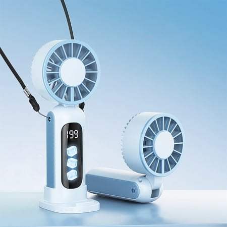 Compact 5000mAh rechargeable portable fan with 5 speeds, foldable design, adjustable head, and LED display for travel and home use