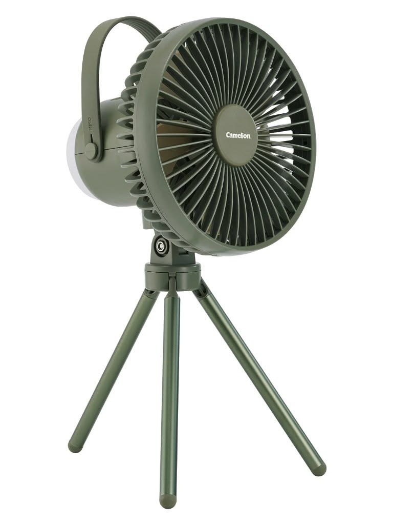 Rechargeable portable camping fan with 3-in-1 desktop, standing, and ceiling fan modes and LED light