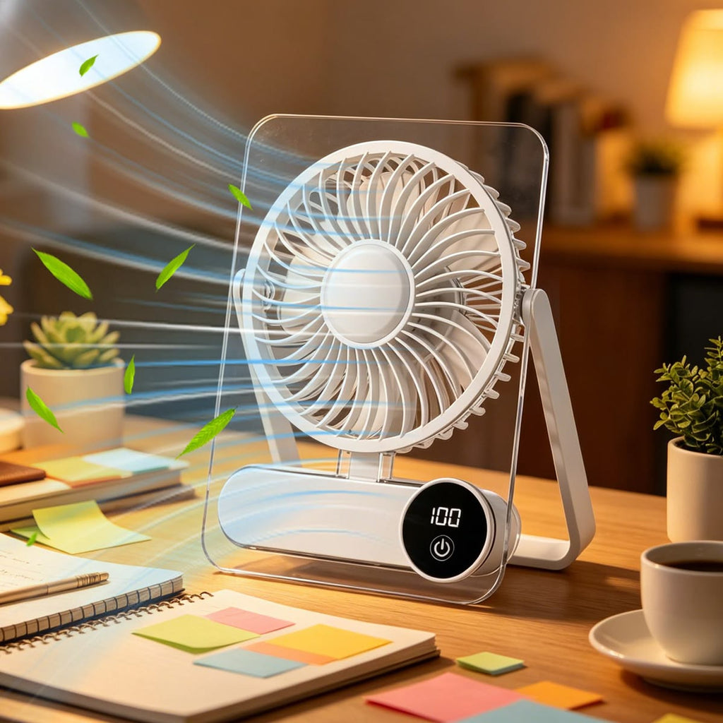 Rechargeable portable camping fan with 3-in-1 design, LED light, and rechargeable battery for outdoor use