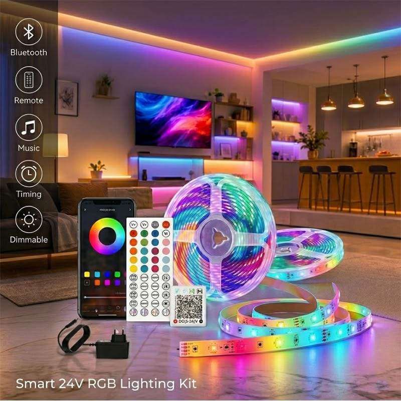 Smart RGB LED Strip Lights (1–40M) – App-Controlled Ambient Room Lighting