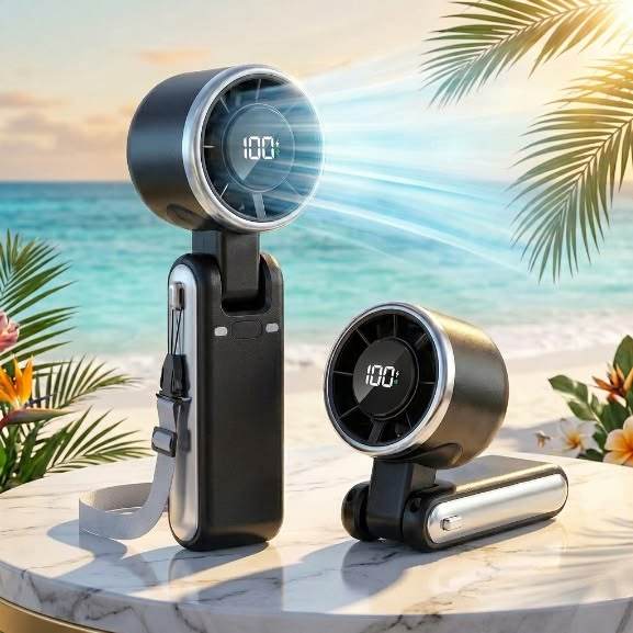 Compact 5000mAh rechargeable portable fan with 5 speeds, foldable design, and LED display for adjustable airflow