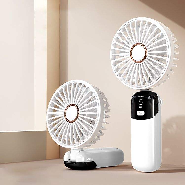 Compact 5000mAh rechargeable portable fan with 5 speeds, foldable design, and LED display for adjustable cooling