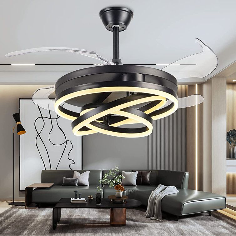 Modern Crystal Ceiling Fan with Retractable Blades – APP & Remote Control LED Lightn