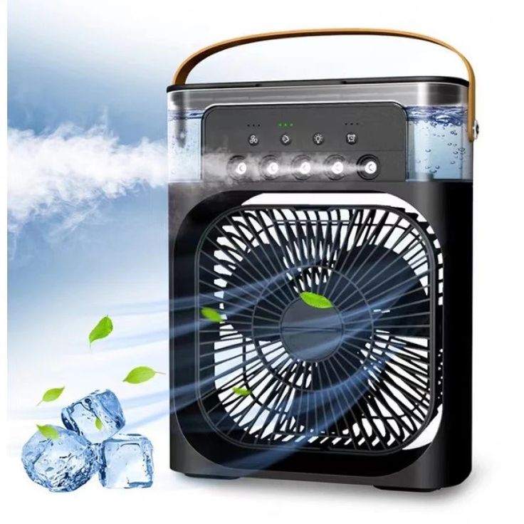 Portable USB air cooler fan with 3 speeds and LED night light on a desk