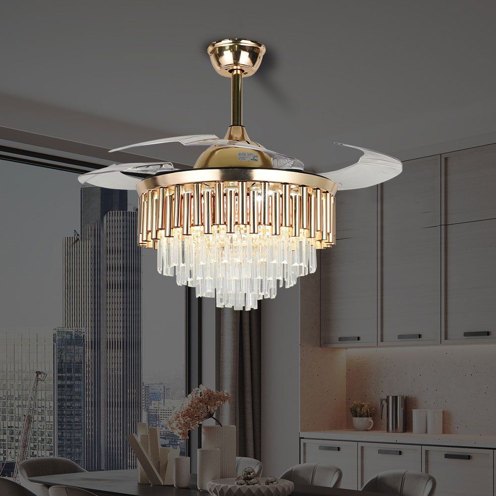 Modern Crystal Ceiling Fan with Retractable Blades – APP & Remote Control LED Lightn