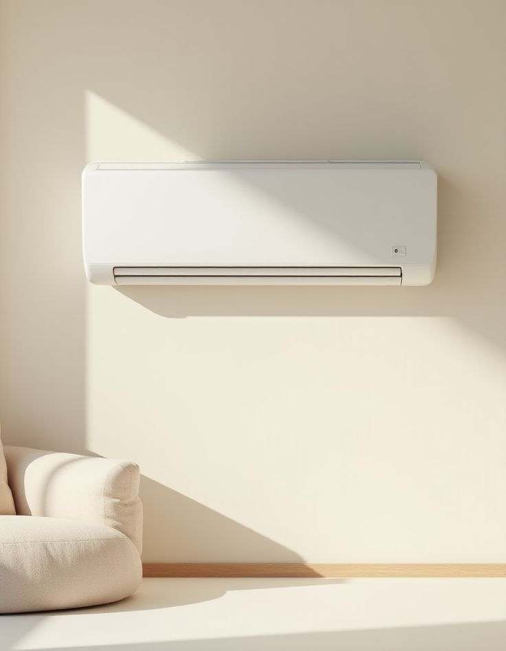 Wall mounted air conditioner heater unit installed on a white wall for cooling and heating