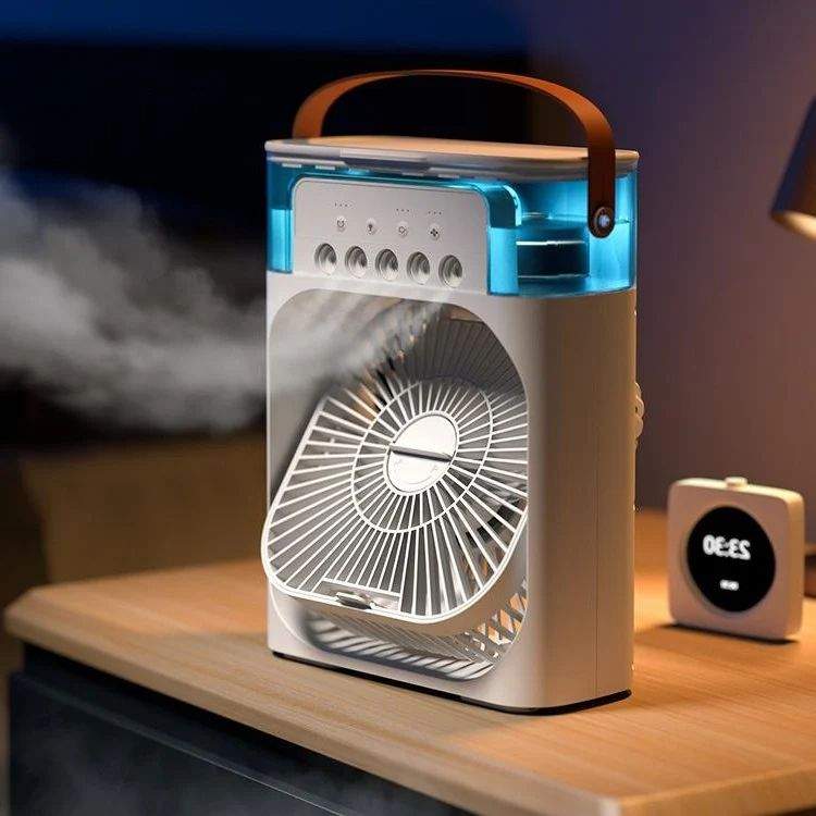 Portable USB Air Cooler Fan with 3 speeds and LED night light on desktop