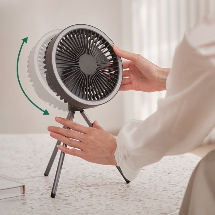 Rechargeable portable camping fan with 3-in-1 desktop, standing, and ceiling fan functions and built-in LED light