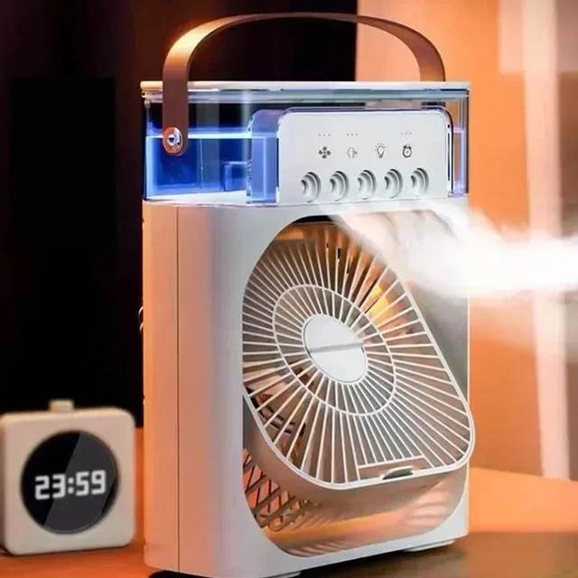 Portable USB Air Cooler Fan with 3 speeds, LED night light, and compact design on desktop