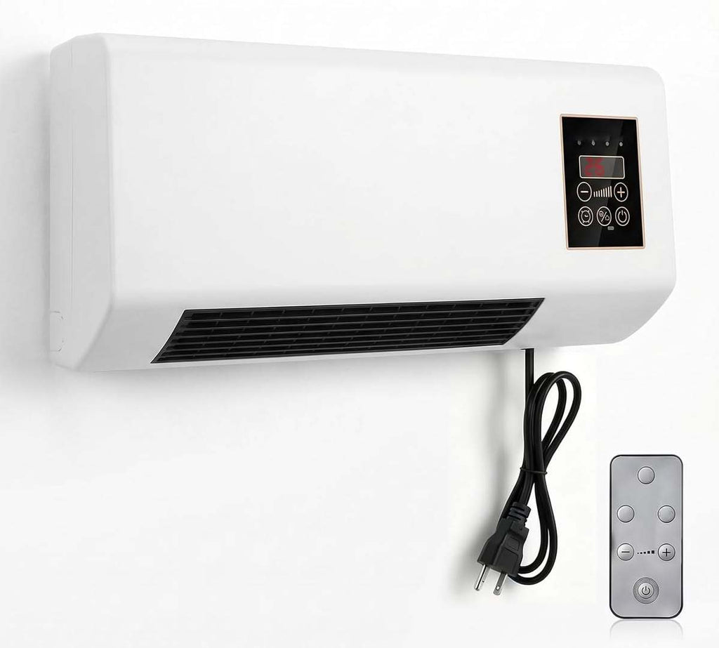Wall mounted air conditioner heater unit installed on a white wall for cooling and heating in small rooms