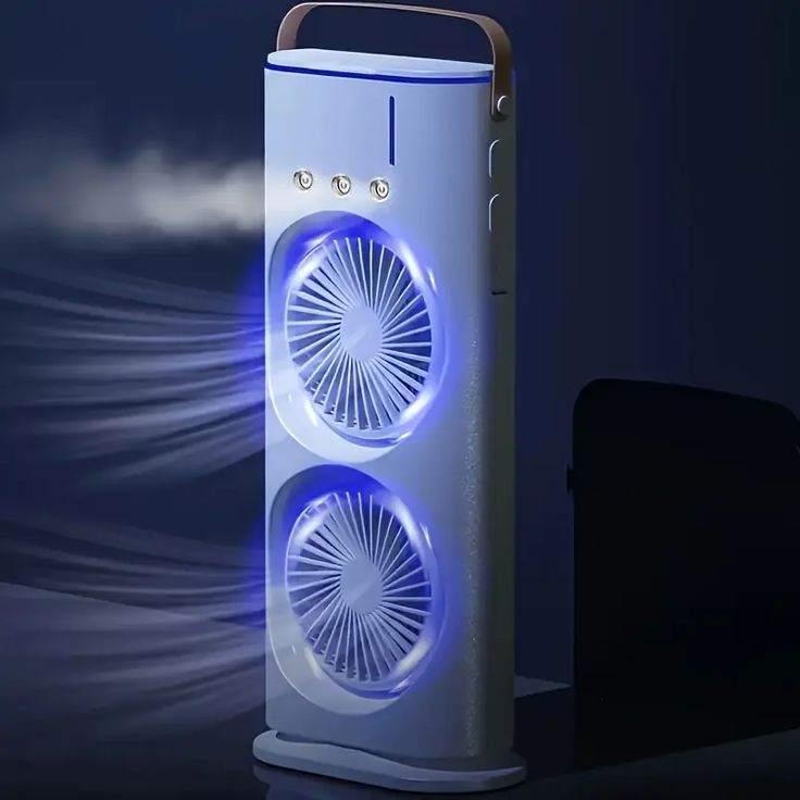 Portable USB air cooler fan with 3 speeds and LED night light on a desk
