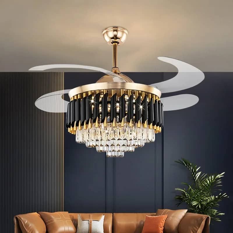 Modern Crystal Ceiling Fan with Retractable Blades – APP & Remote Control LED Lightn