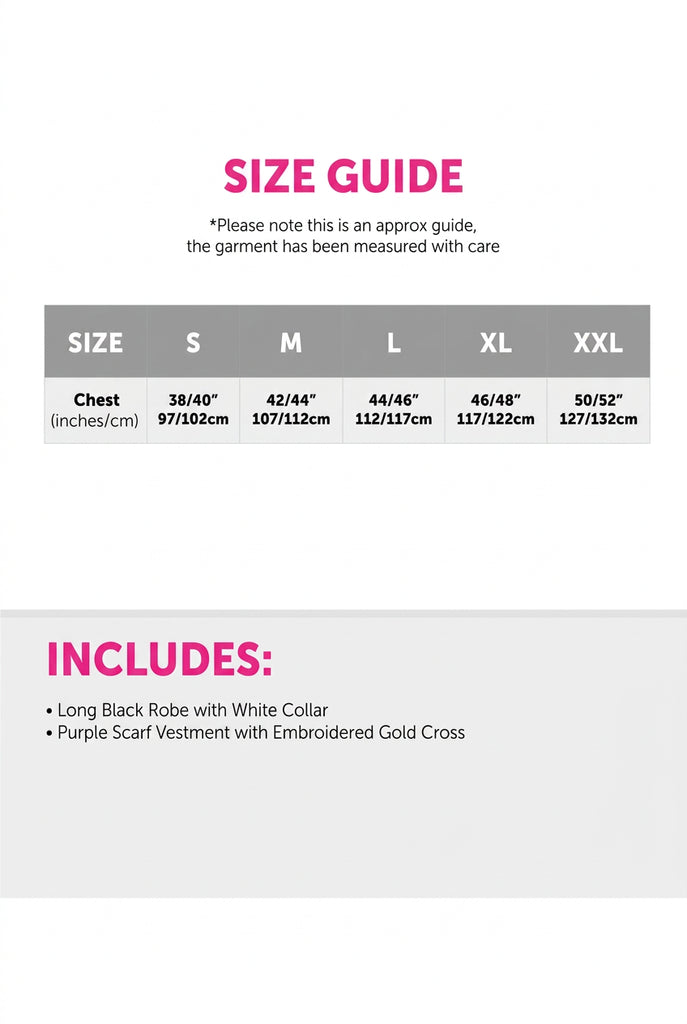 Size guide and inclusion list for a long black robe with white collar and a purple scarf vest with an embroidered gold cross. The size chart shows measurements for S, M, L, XL, and XXL sizes in inches and centimeters, and the text notes the garment has been measured with care.