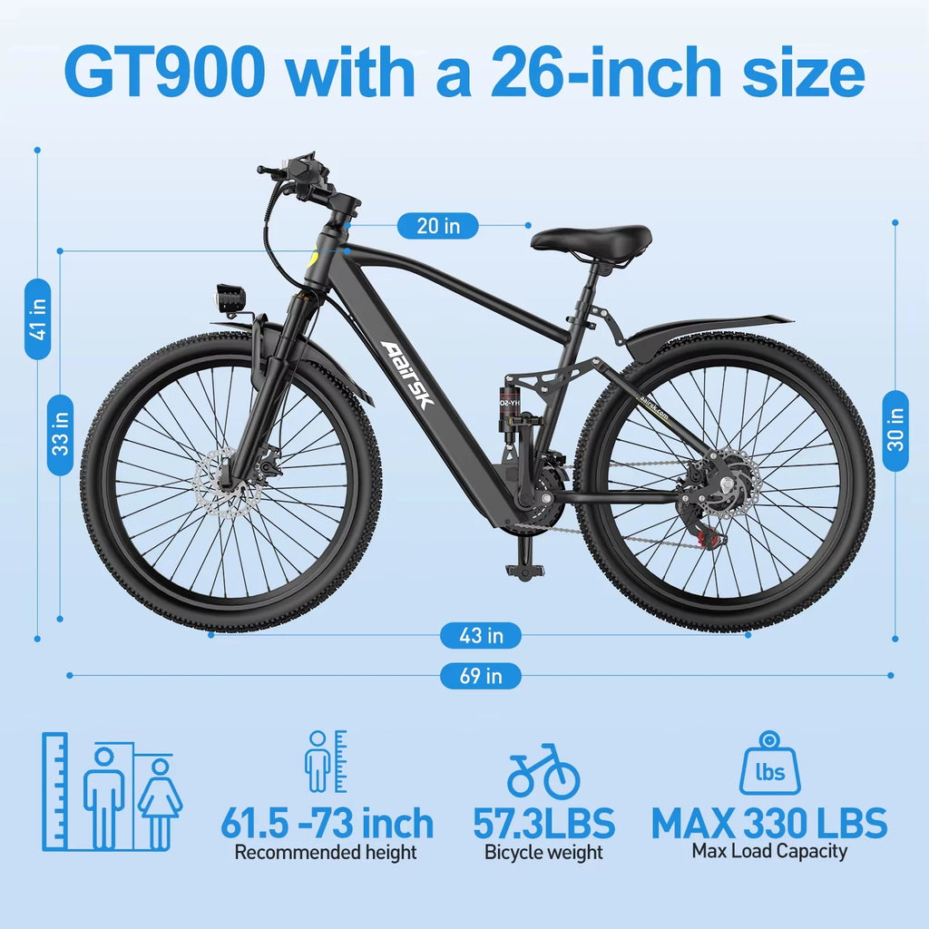 Aairsk Electric Bike GT900, Dual Suspension 21 Speeds 36V 13AH Battery, with NFC UnLock, Range from 40 to 60 km, Mountain Biking for Adults, 250W Engine, Maximum Speed 25 Km/h.