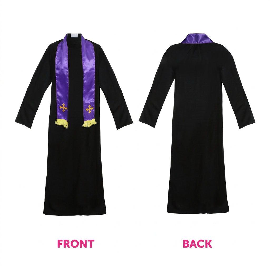 Front and back views of a black robe or dress with a purple satin-like collar and gold cross details on the front, shown on a white background with pink labels reading FRONT and BACK.