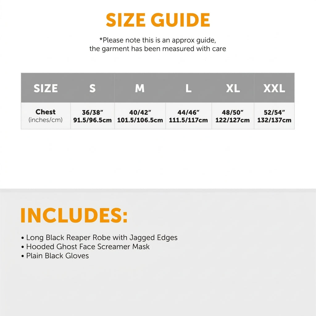 A size guide and inclusion list for a long black reaper robe. The top section shows a size chart with measurements for S, M, L, XL, and XXL chest sizes in inches and centimeters.