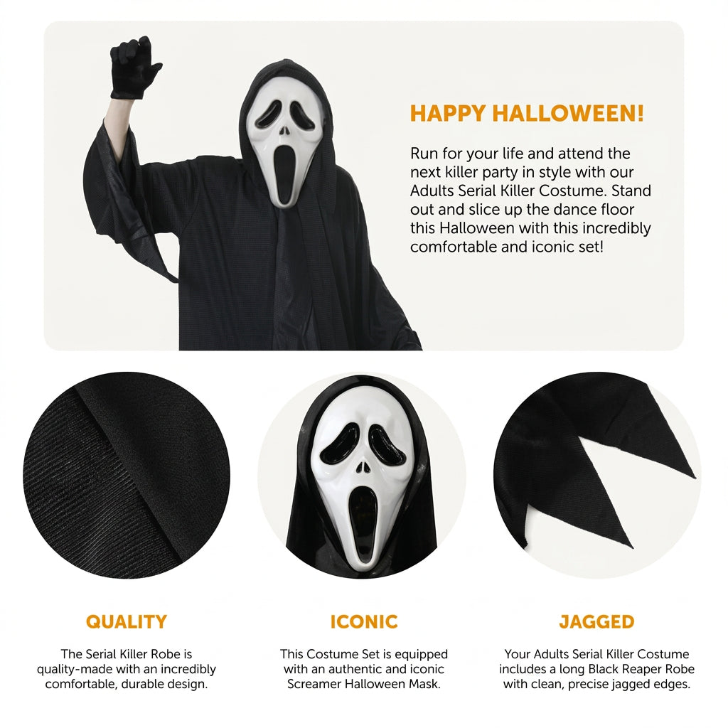 Halloween costume set featuring a long black robe with a jagged hem and a black-and-white ghost face mask, shown on a model with a glove. The image includes text reading 'HAPPY HALLOWEEN!' and three detail callouts labeled Quality, Iconic, and Jagged.