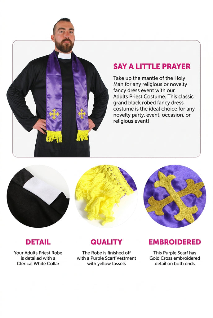 Promotional graphic for a Holy Man priest costume set, featuring a man modeling a black robe with a purple and gold embroidered scarf, alongside three detail close-ups of the robe collar, yellow satin trim, and embroidered scarf.