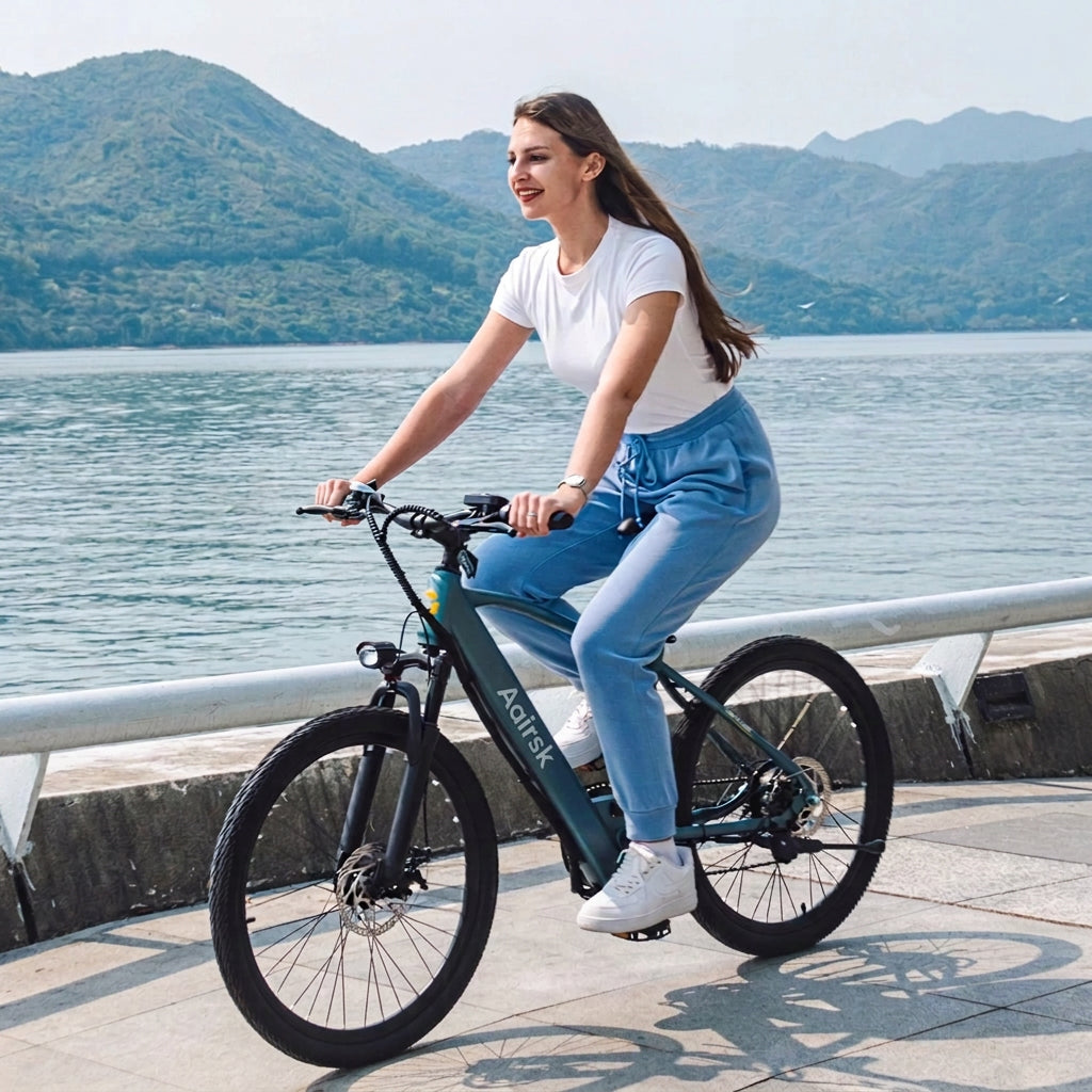 Woman riding a bicycle by a lake with text about the GT900 model and its features.