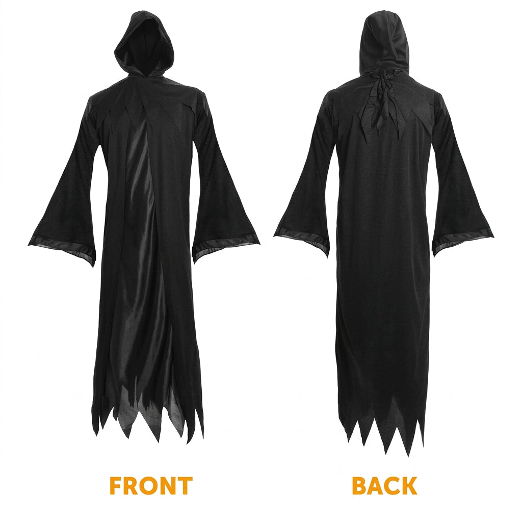 Black hooded robe costume shown from the front and back on a white background, with wide flared sleeves and jagged hem detail. The image includes front and back labels in orange text.