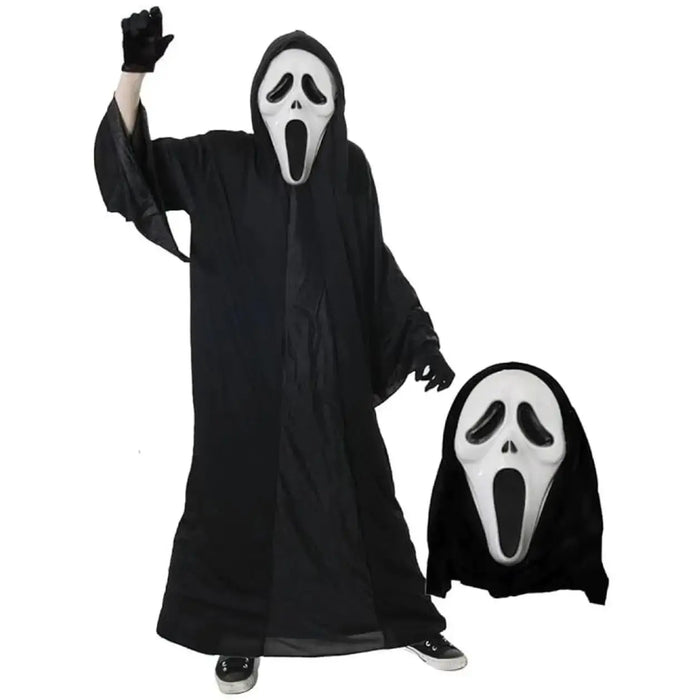 A person wearing a Ghostface-style Halloween costume with a long black robe, black gloves, and a white mask with black facial details. A matching mask is shown separately beside the person on a plain white background.