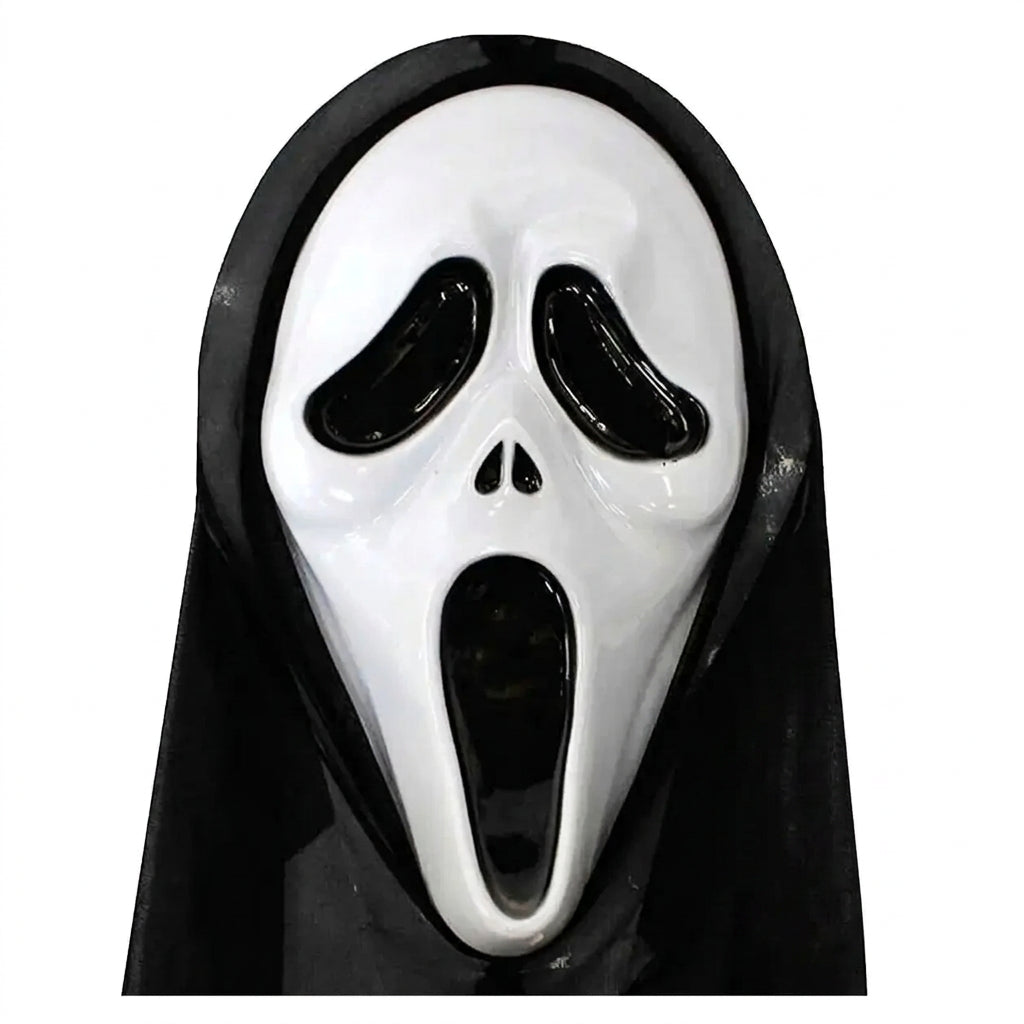 A glossy white Ghostface-style Halloween mask with black eye, nose, and mouth openings, attached to a black hood. An orange circular badge in the lower right says 'Feature Iconic Screamers Halloween Mask.