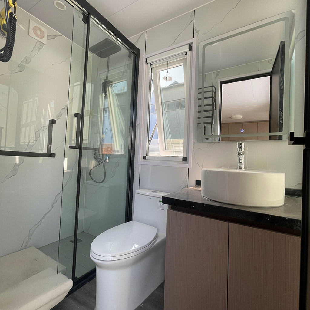 A modern bathroom setup featuring a white ceramic toilet, a vanity with a white vessel sink and a black countertop, a glass shower enclosure, and a mirror taped with yellow tape. The background walls are white marble-patterned tiles.