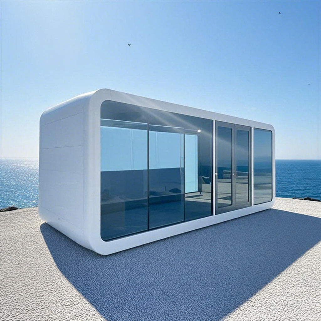 A modern white mobile home with large glass windows sits on a light concrete surface overlooking the ocean under a clear blue sky. The words 'MOBILE HOME' and a stylized logo appear in the top left corner.
