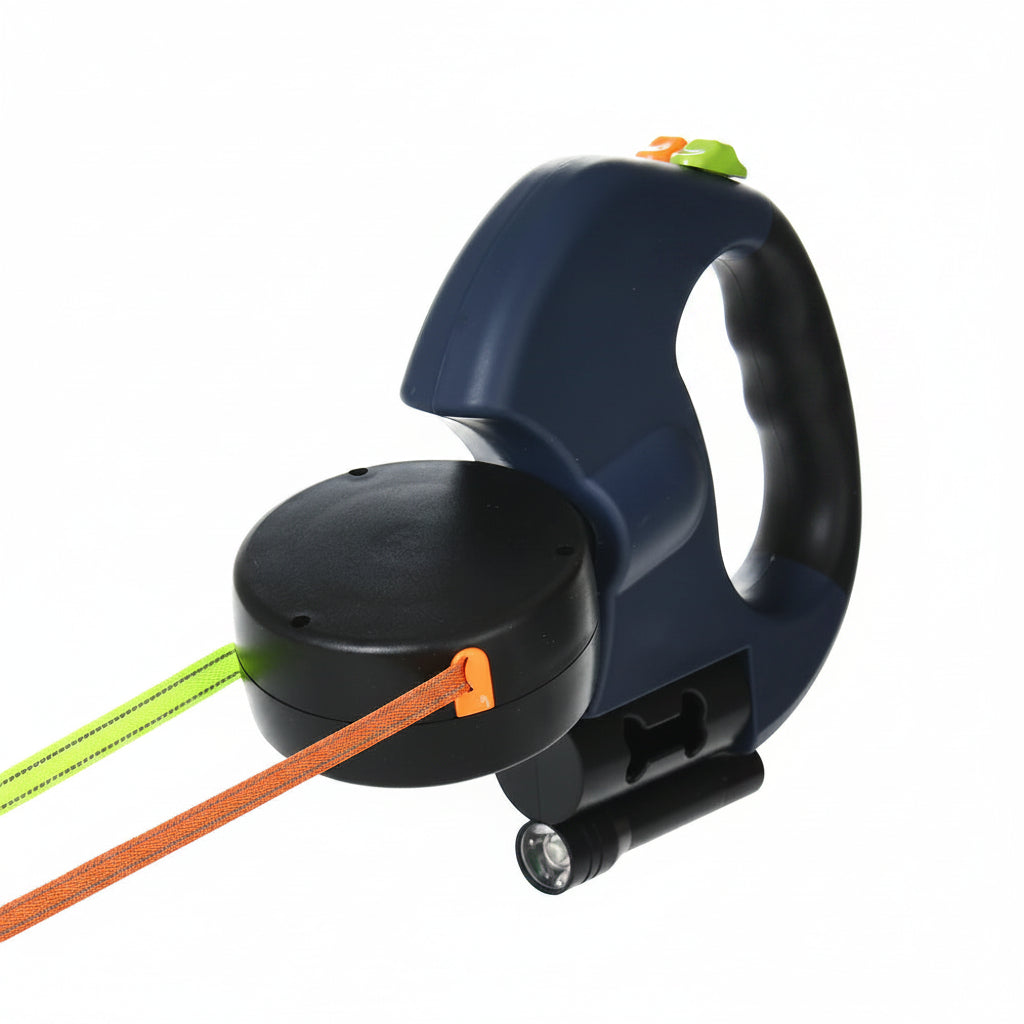 a blue retractable dog leash with green and orange options on a white background