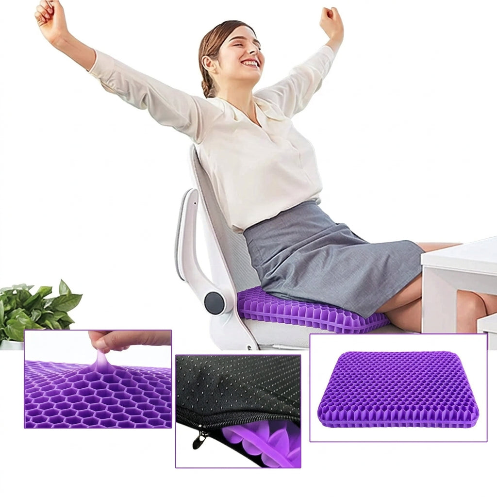 Woman sitting on a chair with a purple cushion, text highlighting features like 'Extra Thicken' and 'Comfortable'.