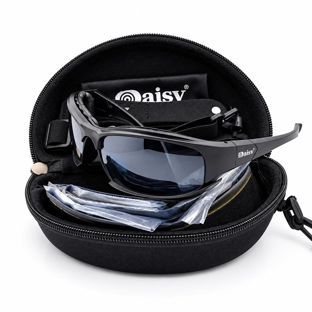Black sunglasses with a case on a white background