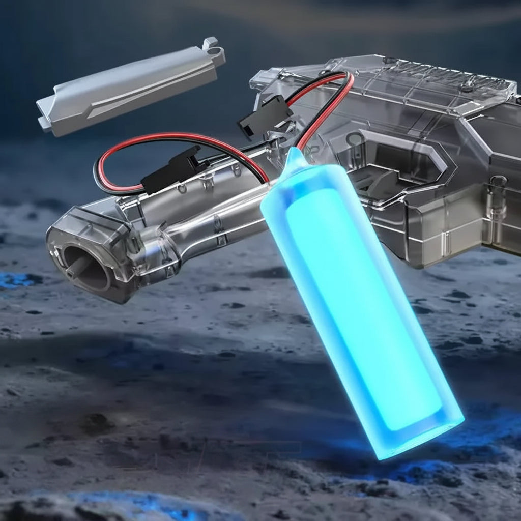 Rechargeable lithium battery with a blue casing on a space-themed background