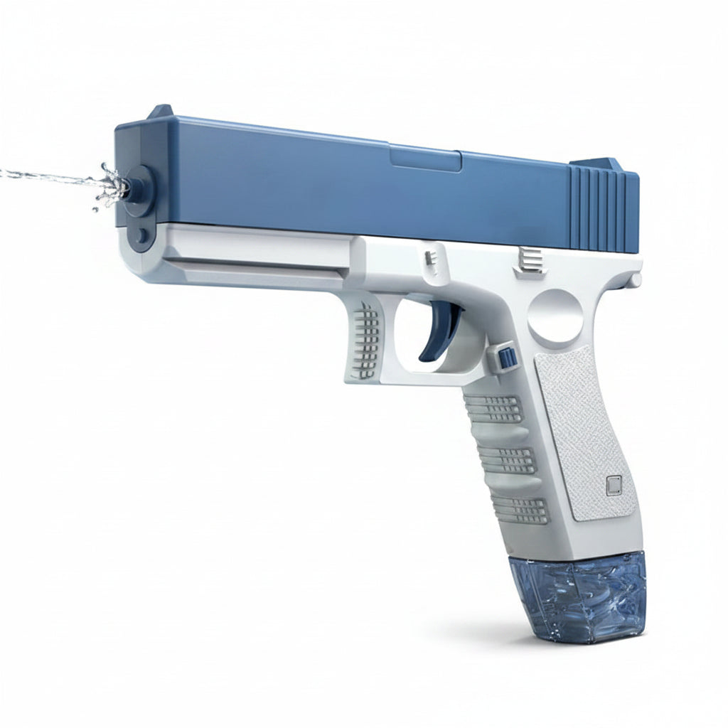 Electric water cannon with blue and white design, featuring text and accessories on a blue background.