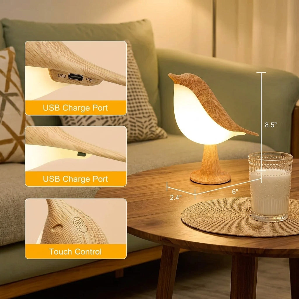 Bird-shaped lamp on a wooden table with USB charge port and touch control features highlighted.