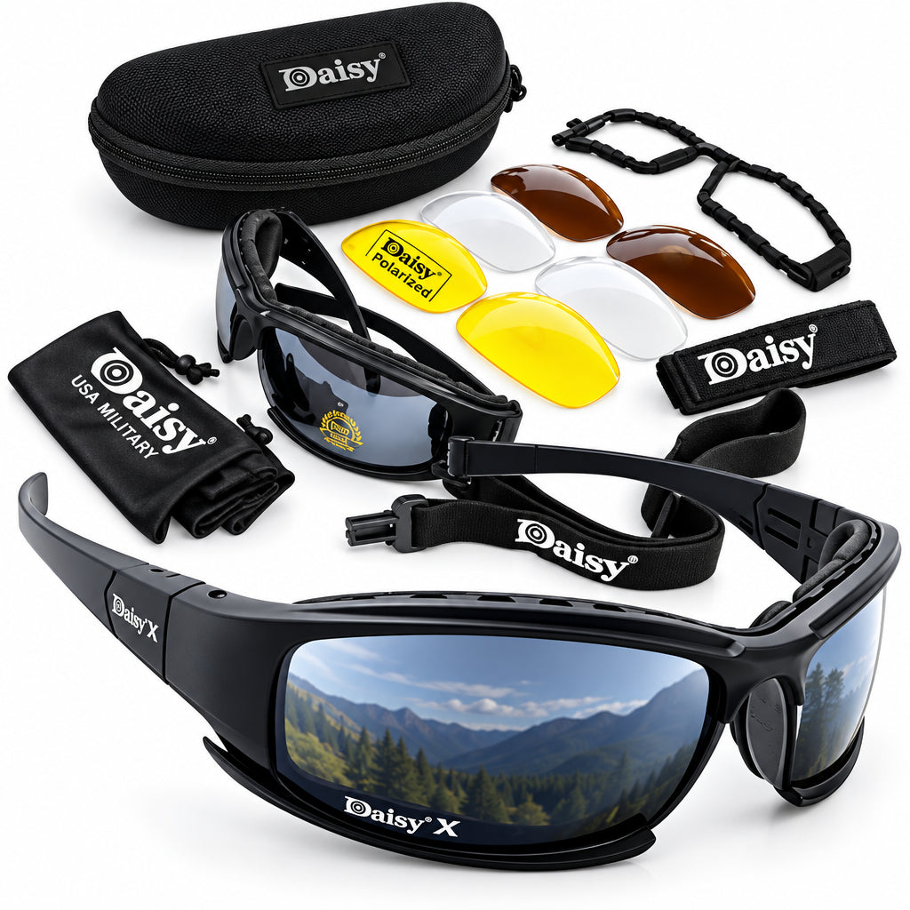 Daisy X sports sunglasses with a black frame and tinted lens, shown with multiple interchangeable lenses, a black hard case, a black drawstring bag, and a black head strap on a white background.