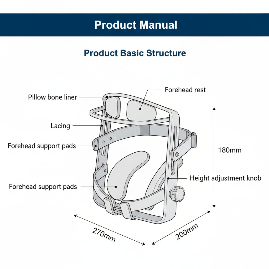 Diagram of a product's basic structure with labeled parts and dimensions on a white background.