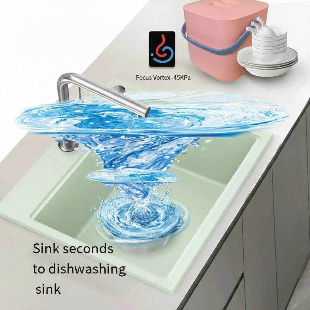 Sink with water flowing into it, labeled 'Sink seconds to dishwashing sink', with a focus vortex device in the foreground.