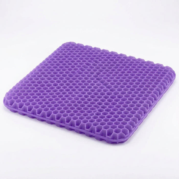 Purple honeycomb gel mattress pad shown with dimension callouts and three circular detail insets on a white background. The text at the top reads 'Product size' and the image includes measurements of 43cm by 36cm.