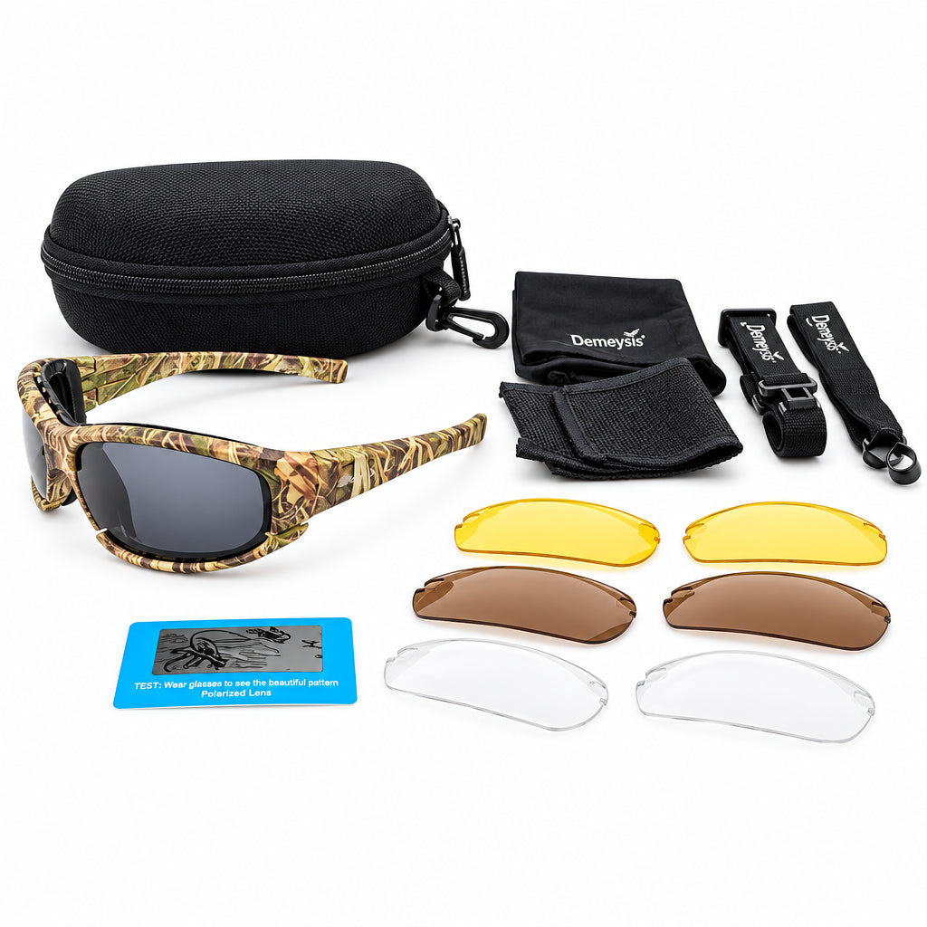 Camouflage sunglasses with additional lenses and case on a white background