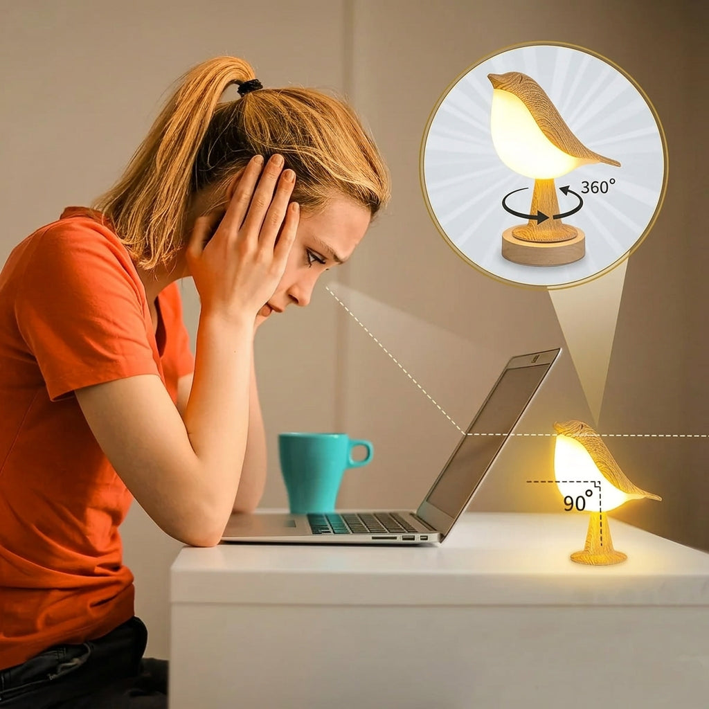 Woman using a laptop with a lamp projected onto the screen, showing different angles.
