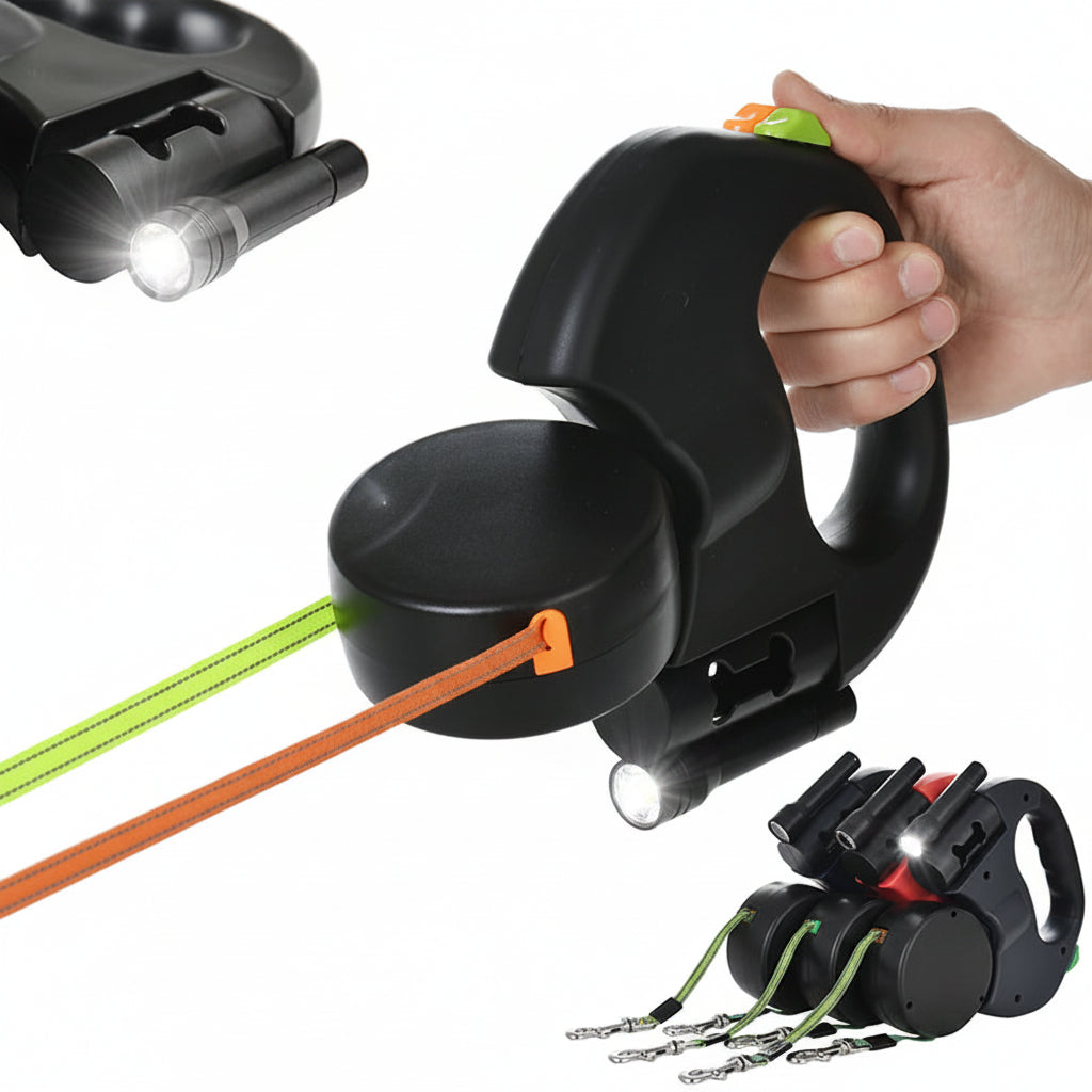 A black retractable dog leash with an integrated flashlight and tension adjustment, shown being held by a hand. The leash has orange and green cords, and the image includes inset views showing the flashlight beam and an additional leash attachment.