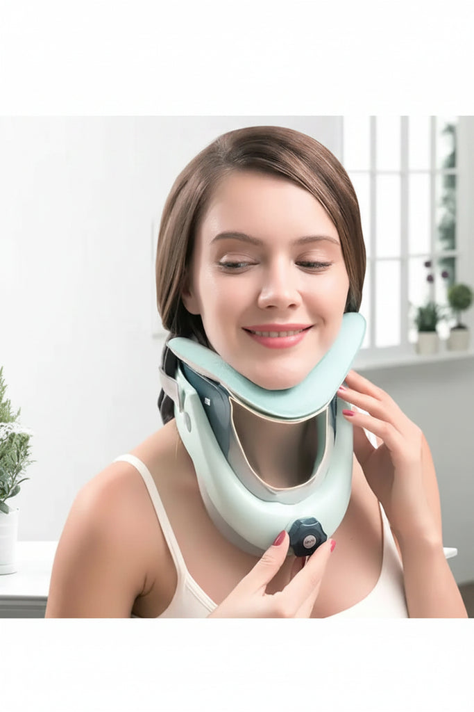 Woman wearing a neck brace with a measurement label on a white background