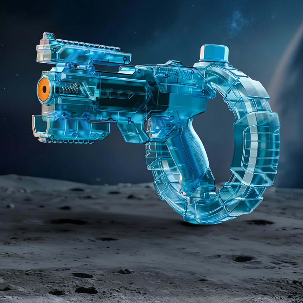 Transparent blue space-themed water gun with charging cable and battery on a dark space background